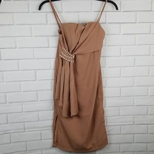 Elegant Tan Dress with Pearl Detailing